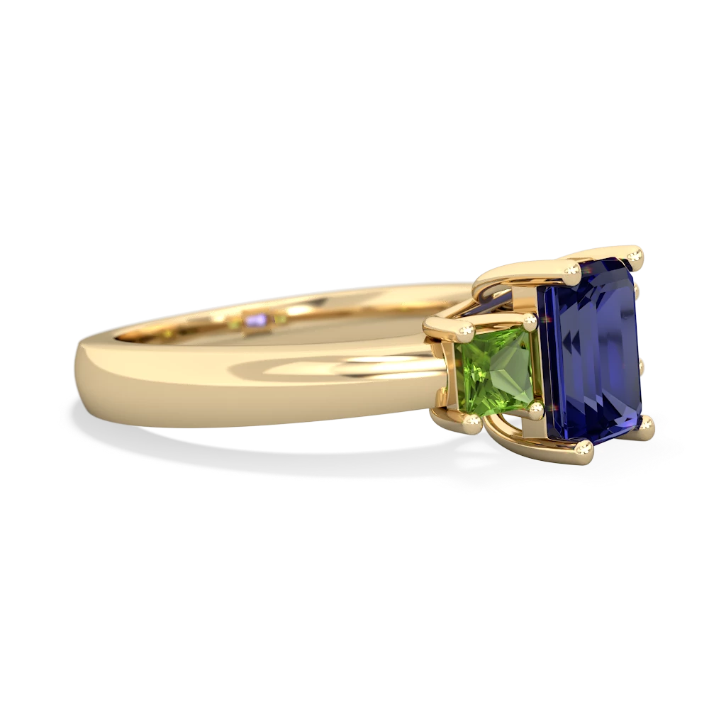 Lab Sapphire Three Stone Emerald-Cut Trellis 14K Yellow Gold ring R4021