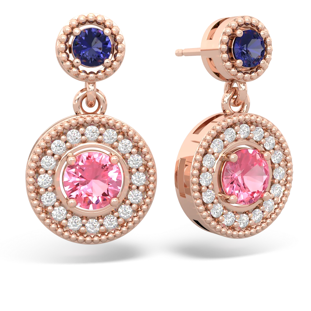 Lab Sapphire Halo Dangle 14K Rose Gold earrings E5319