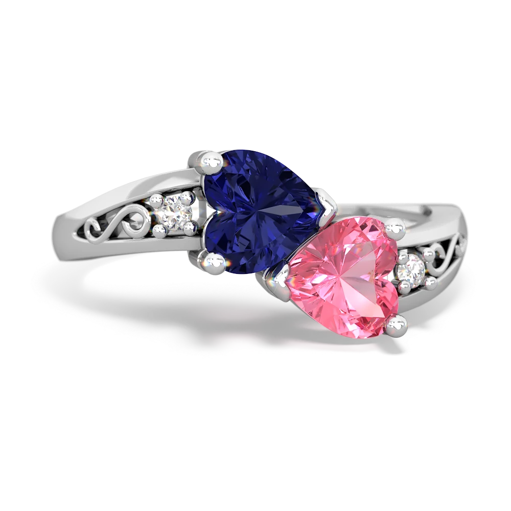 Lab Sapphire Snuggling Hearts 14K White Gold ring R2178