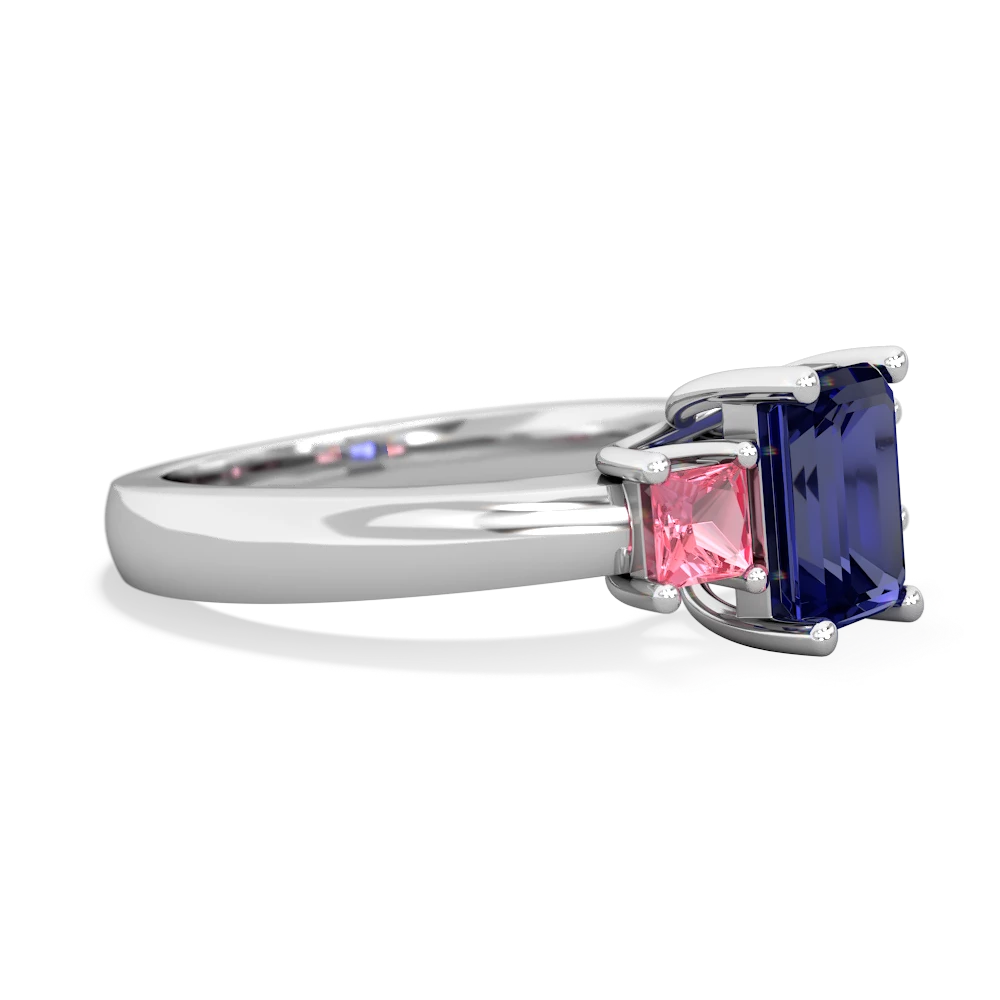 Lab Sapphire Three Stone Emerald-Cut Trellis 14K White Gold ring R4021