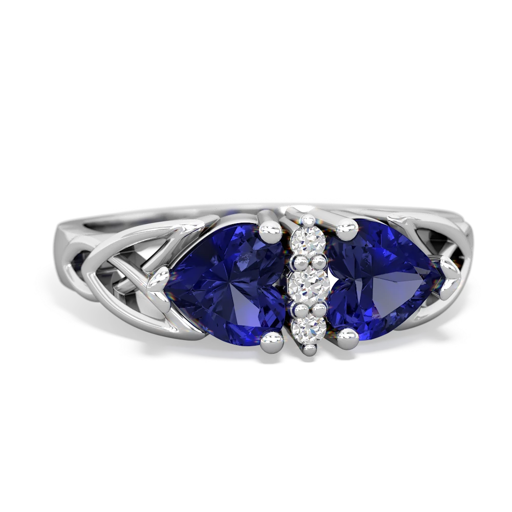 Lab Sapphire Celtic Knot Double Heart 14K White Gold ring R5040