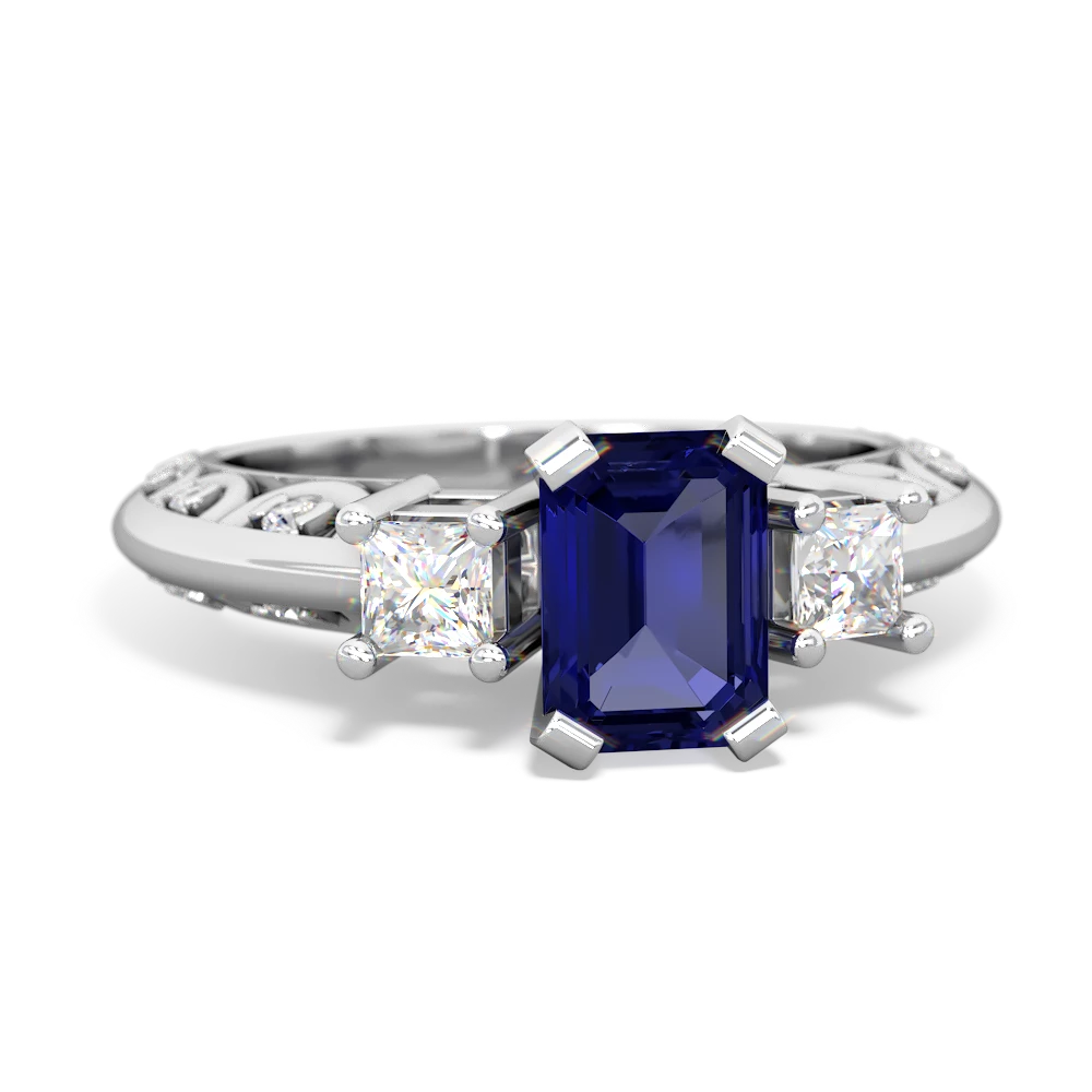 Lab Sapphire Art Deco Diamond 7X5 Emerald-Cut Engagement 14K White Gold ring R20017EM