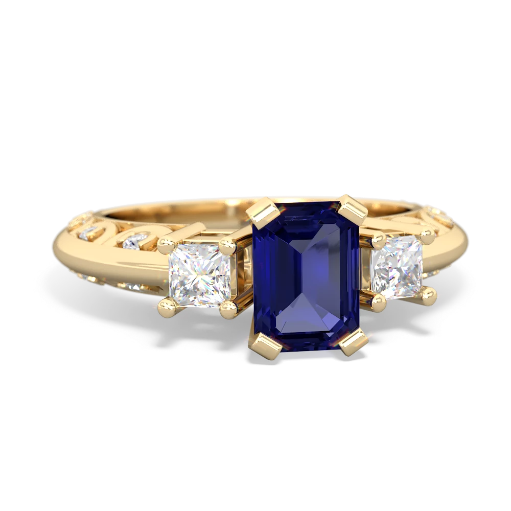 Lab Sapphire Art Deco Diamond 7X5 Emerald-Cut Engagement 14K Yellow Gold ring R20017EM