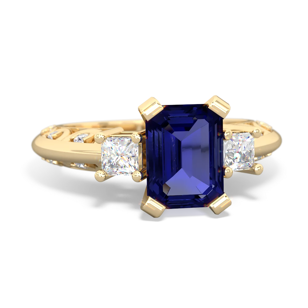 Lab Sapphire Art Deco Diamond 8X6 Emerald-Cut Engagement 14K Yellow Gold ring R20018EM