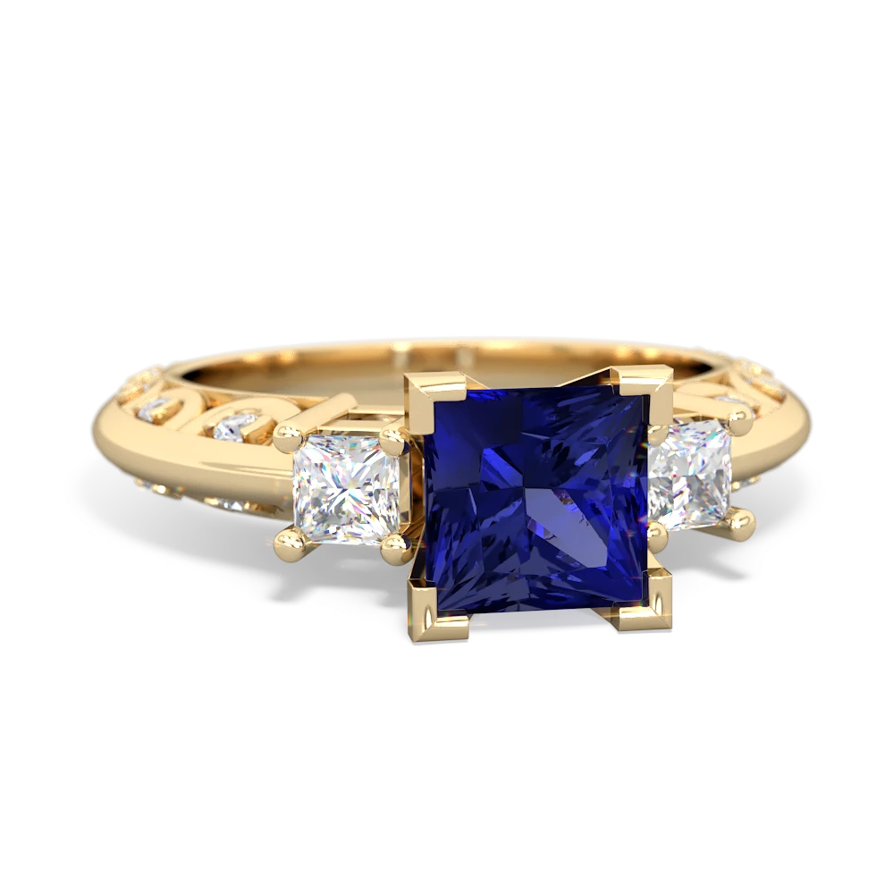 Lab Sapphire Art Deco Diamond Engagement 6Mm Princess 14K Yellow Gold ring R2001