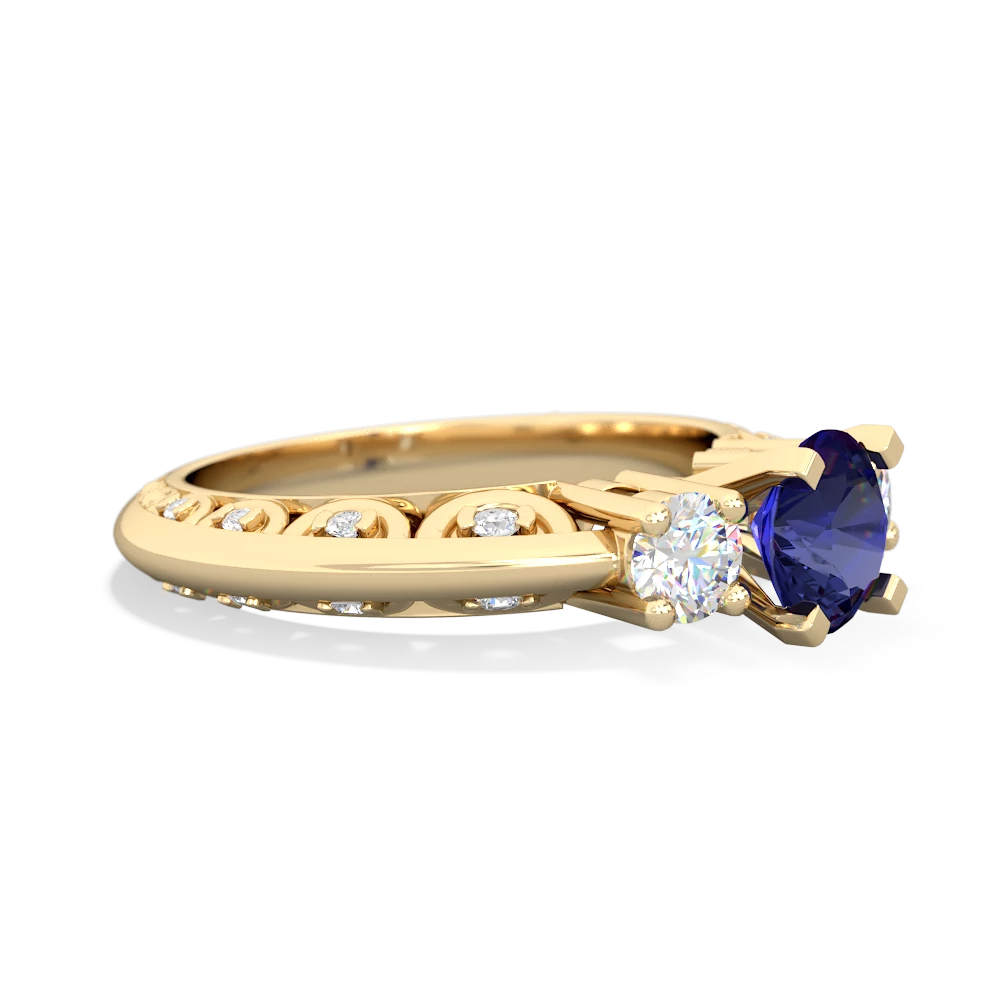 Lab Sapphire Art Deco Diamond 6Mm Round Engagment 14K Yellow Gold ring R2003