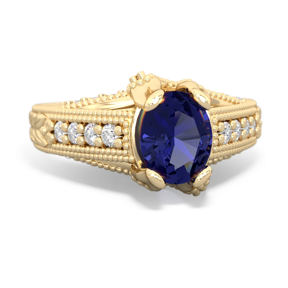 Lab Sapphire Antique Style Milgrain Diamond 14K Yellow Gold ring R2028