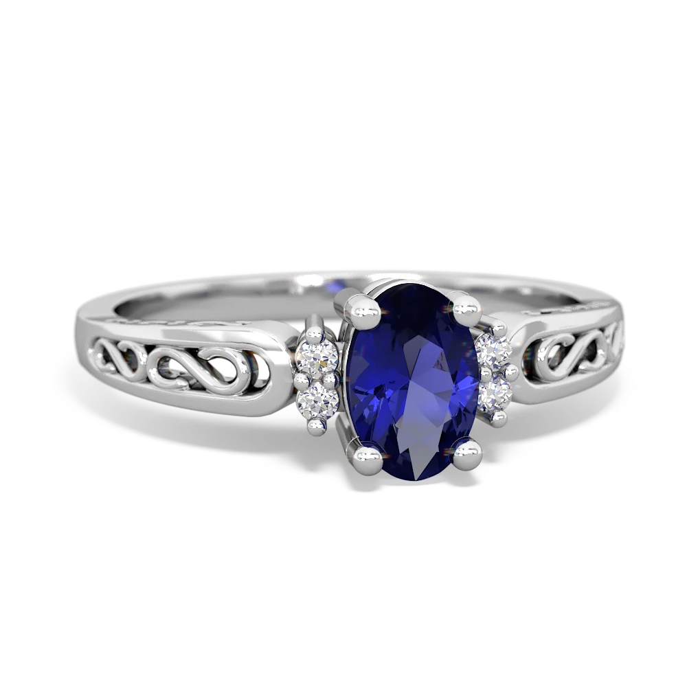 Lab Sapphire Filligree Scroll Oval 14K White Gold ring R0812