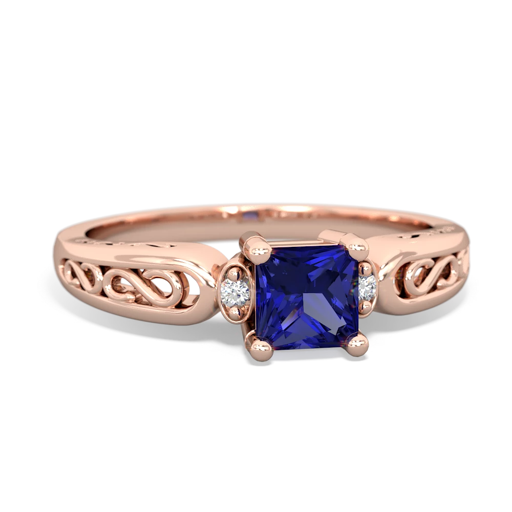 Lab Sapphire Filligree Scroll Square 14K Rose Gold ring R2430