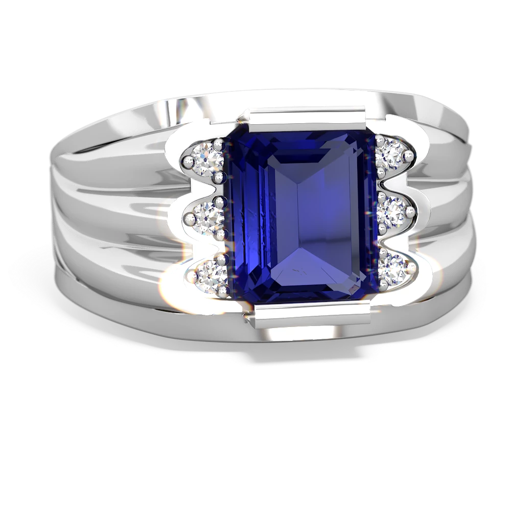 Lab Sapphire Men's 9X7mm Emerald-Cut 14K White Gold ring R1835