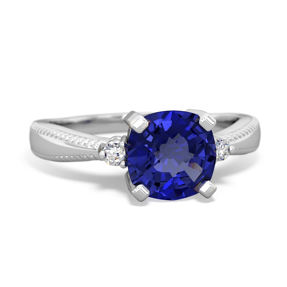 Lab Sapphire Cushion Rope 14K White Gold ring R2484