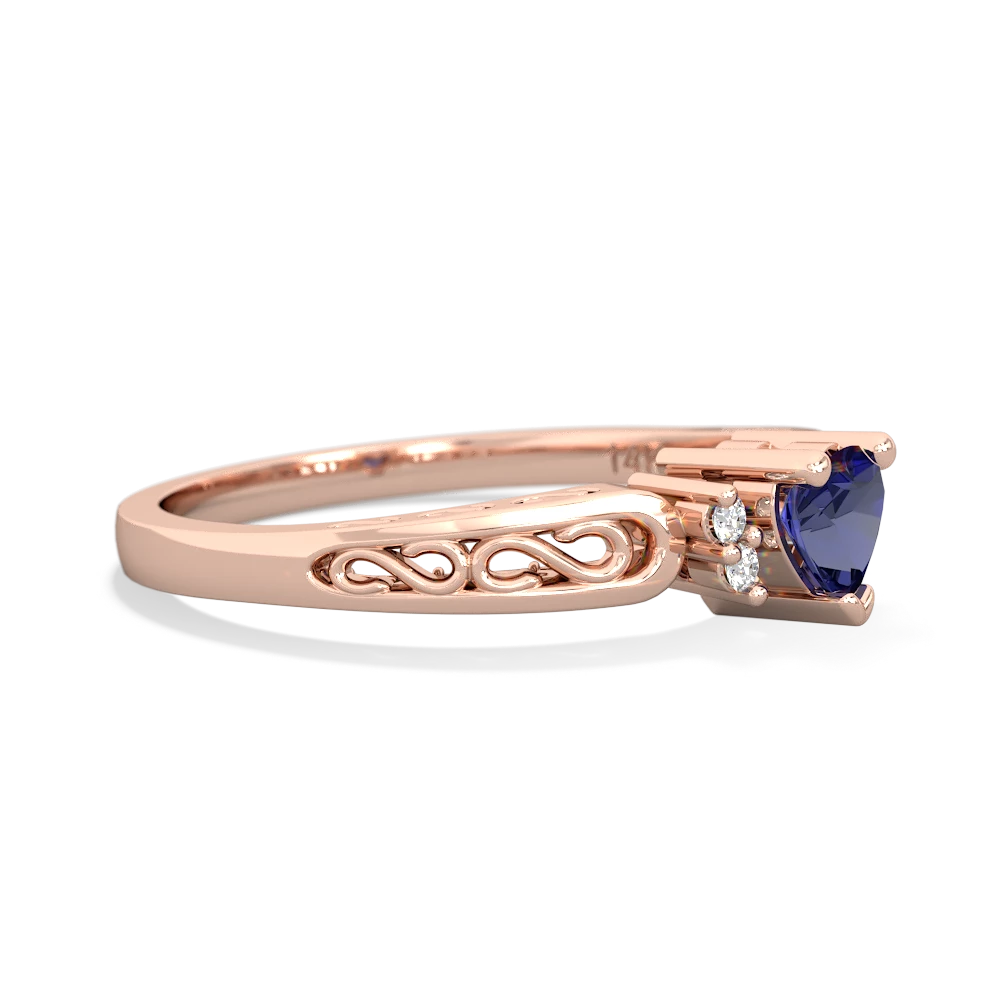 Lab Sapphire Filligree Scroll Heart 14K Rose Gold ring R2429