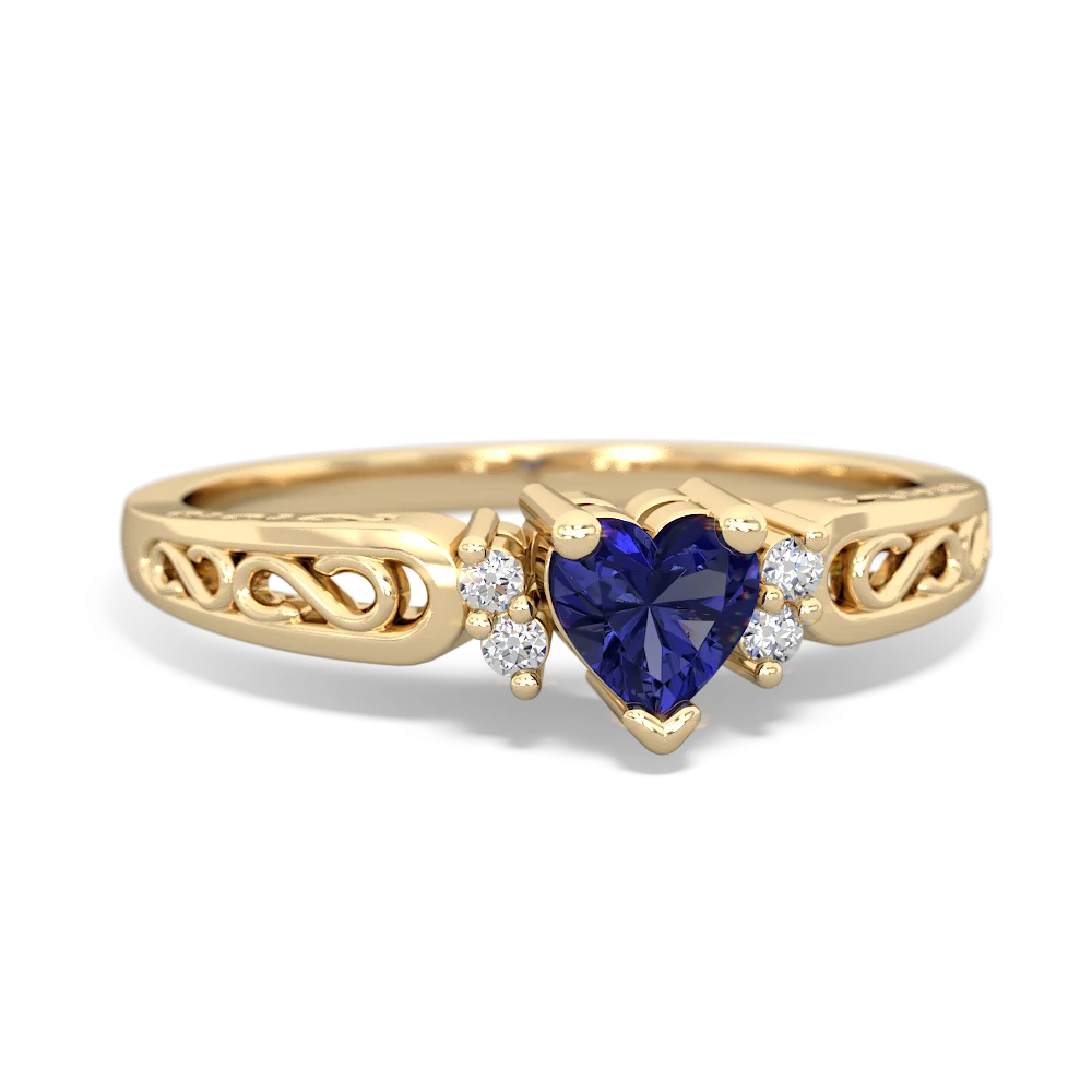 Lab Sapphire Filligree Scroll Heart 14K Yellow Gold ring R2429