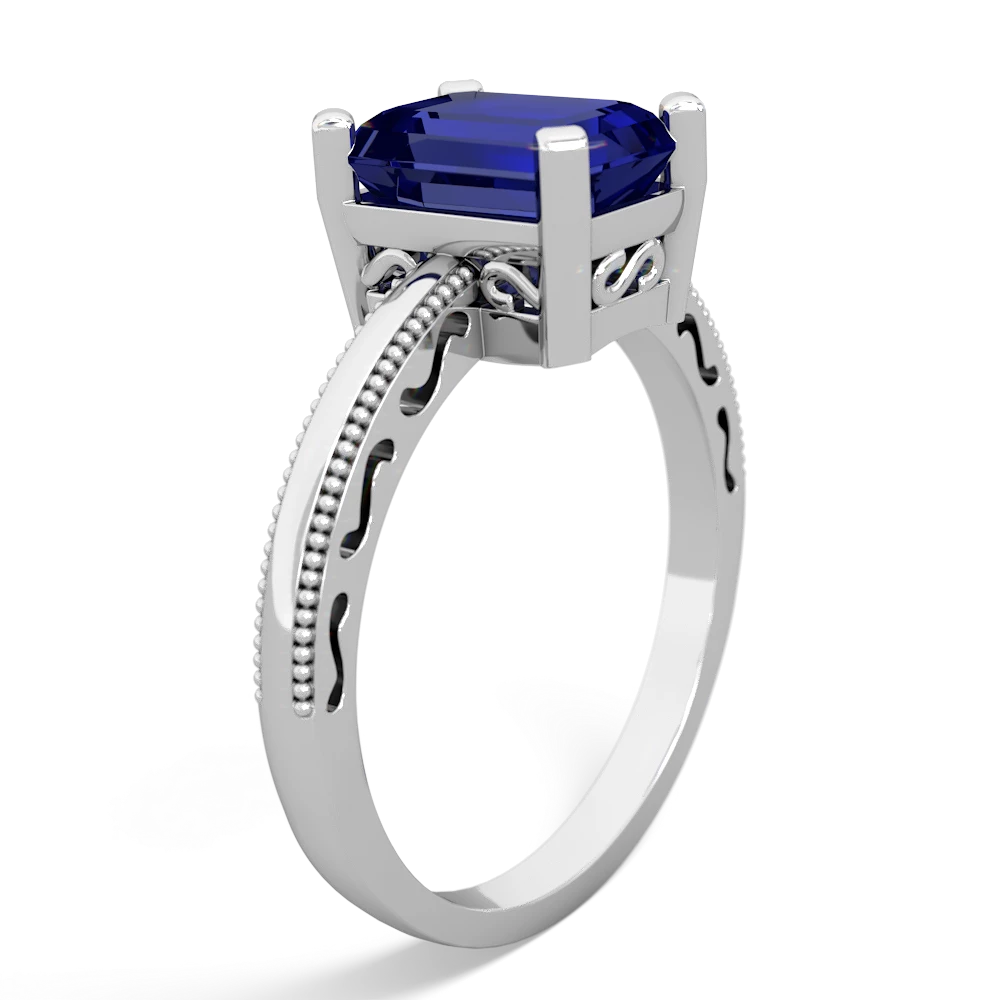 Lab Sapphire Milgrain Scroll 14K White Gold ring R2338