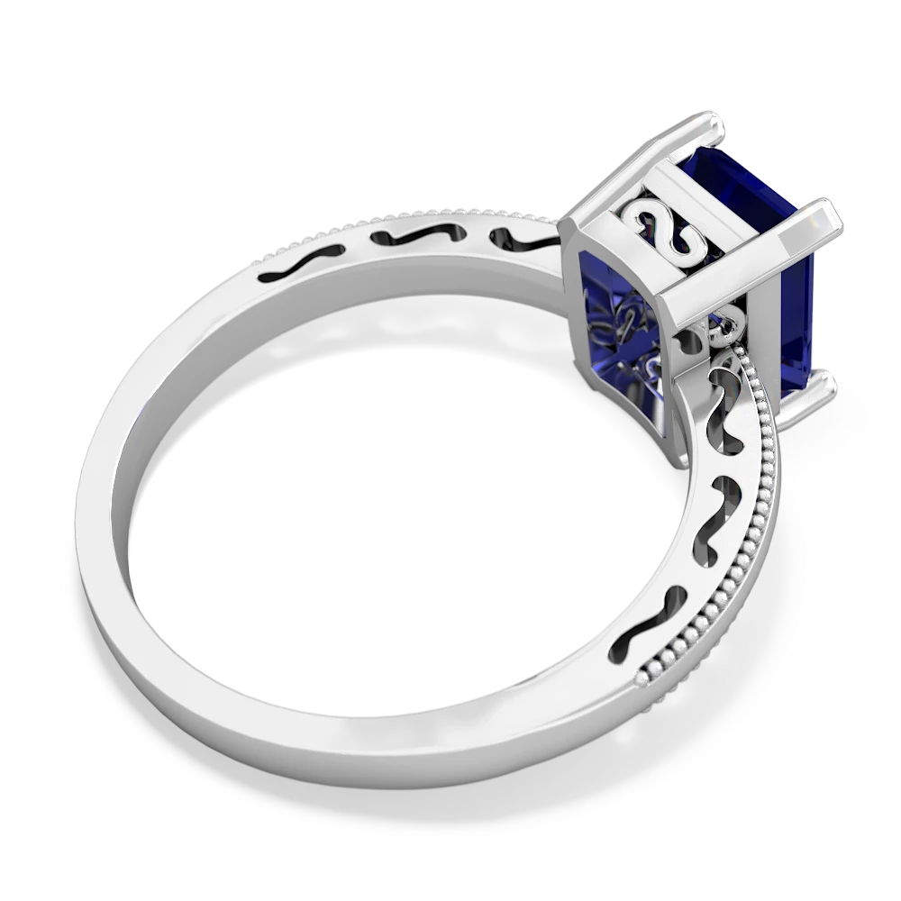 Lab Sapphire Milgrain Scroll 14K White Gold ring R2338