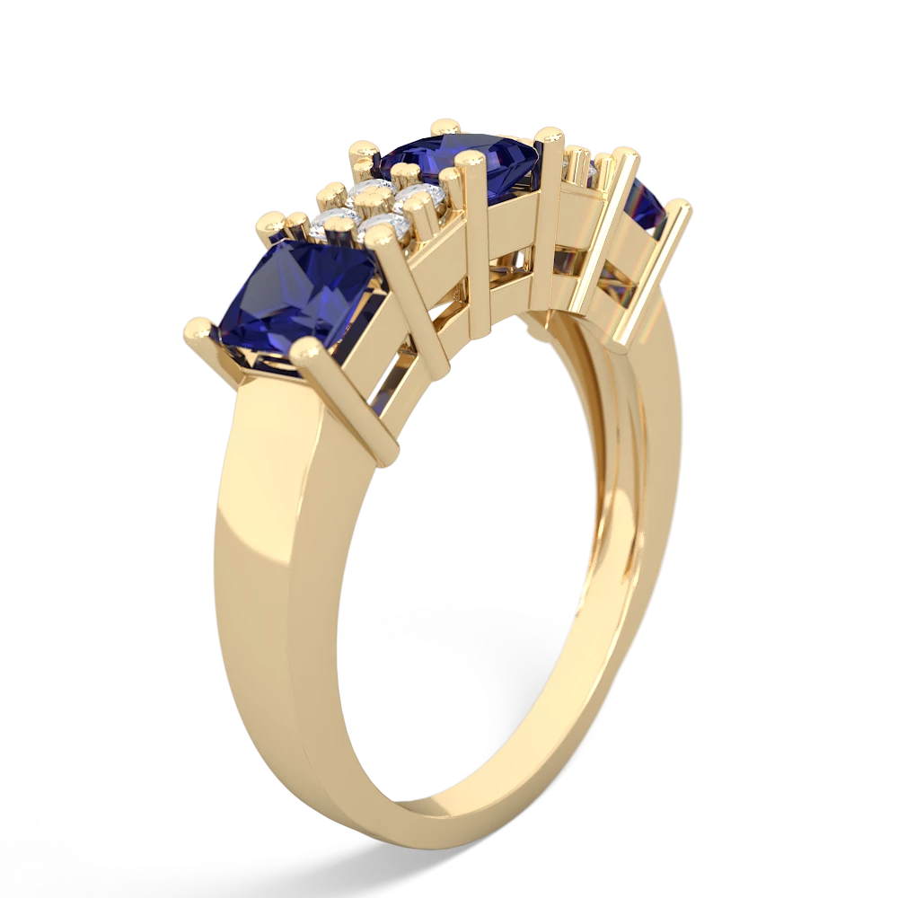 Lab Sapphire Three Stone Diamond Cluster 14K Yellow Gold ring R2592