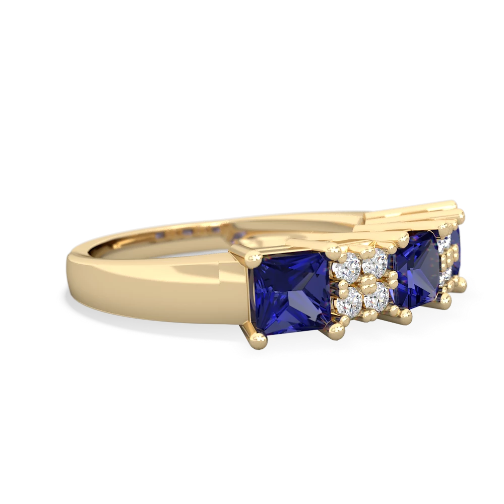 Lab Sapphire Three Stone Diamond Cluster 14K Yellow Gold ring R2592