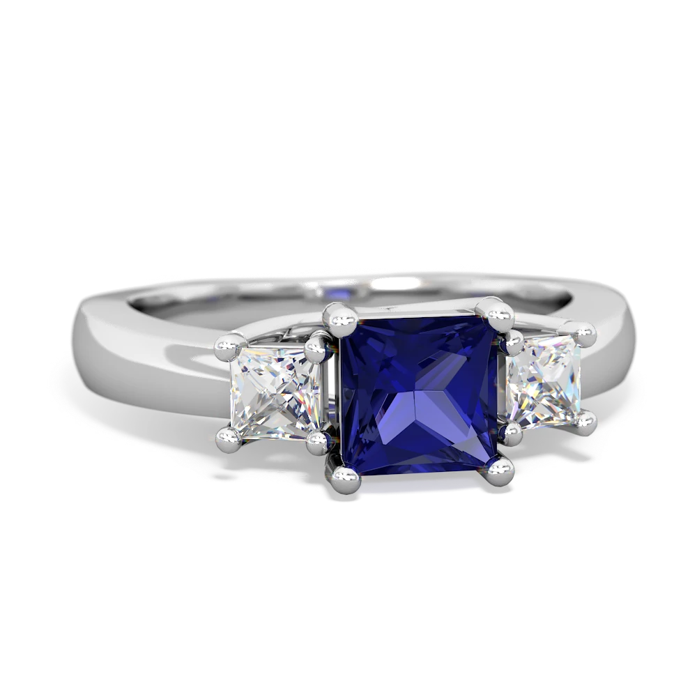 Lab Sapphire Three Stone Trellis 14K White Gold ring R4015