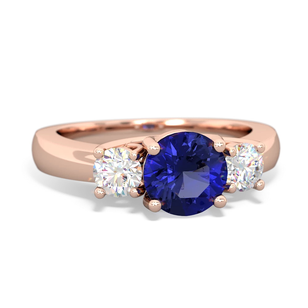 Lab Sapphire Diamond Three Stone Round Trellis 14K Rose Gold ring R4018