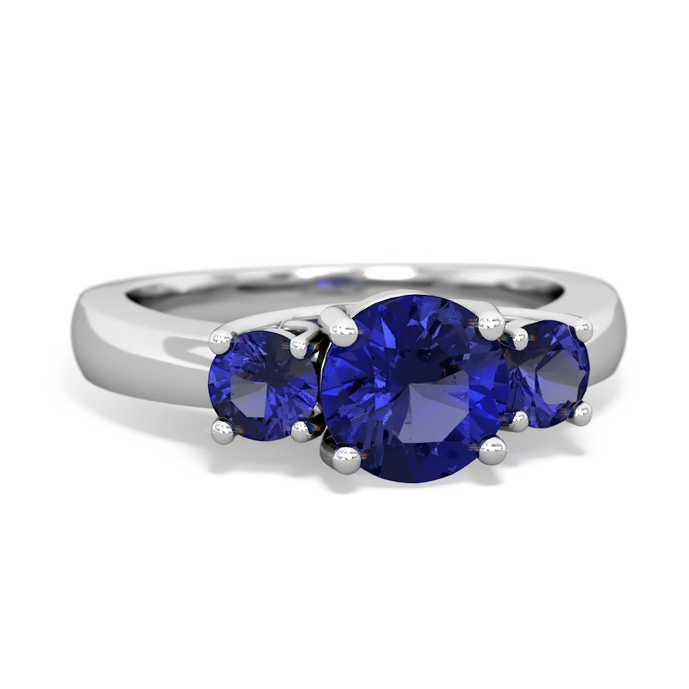 Lab Sapphire Three Stone Round Trellis 14K White Gold ring R4018