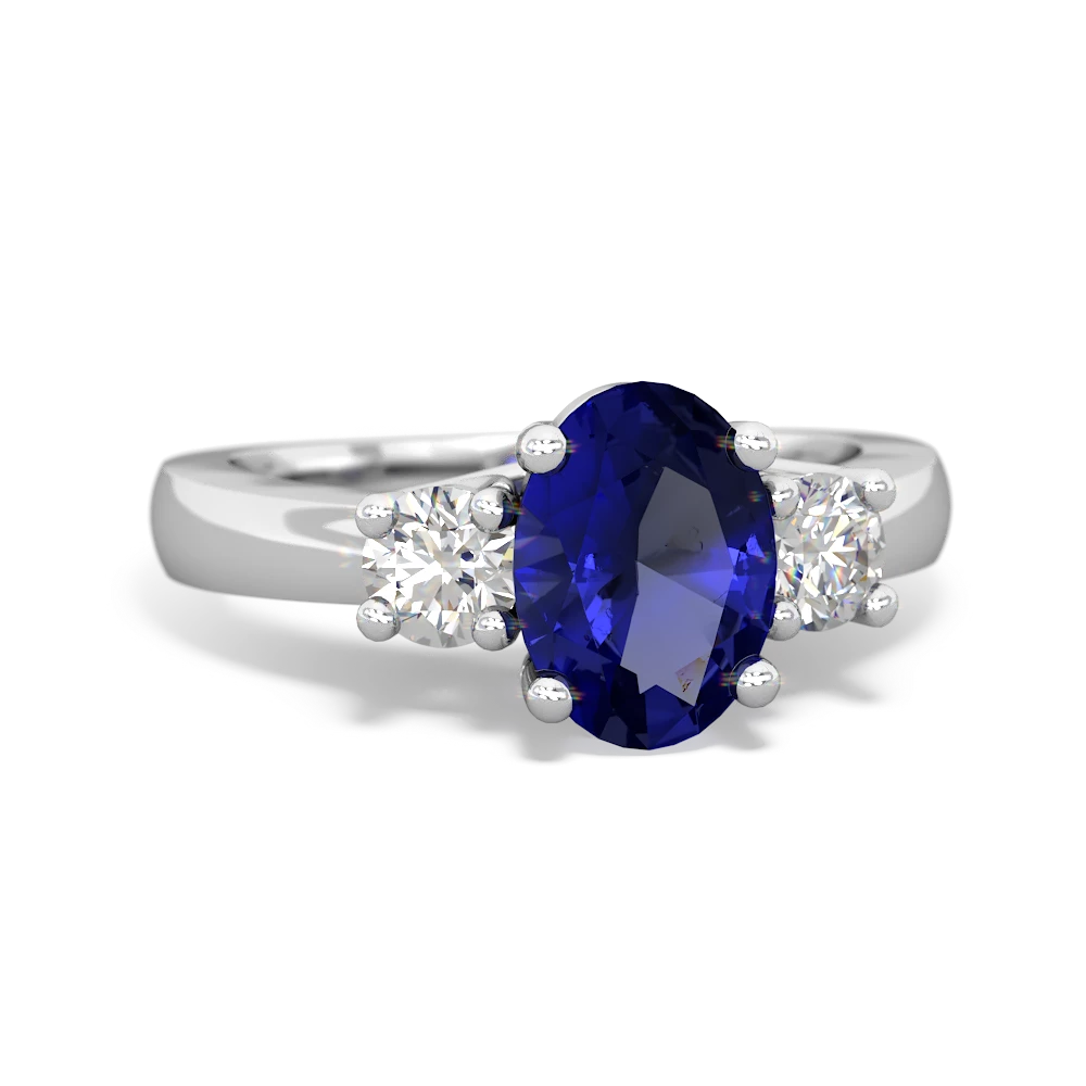 Lab Sapphire Diamond Three Stone Oval Trellis 14K White Gold ring R4024