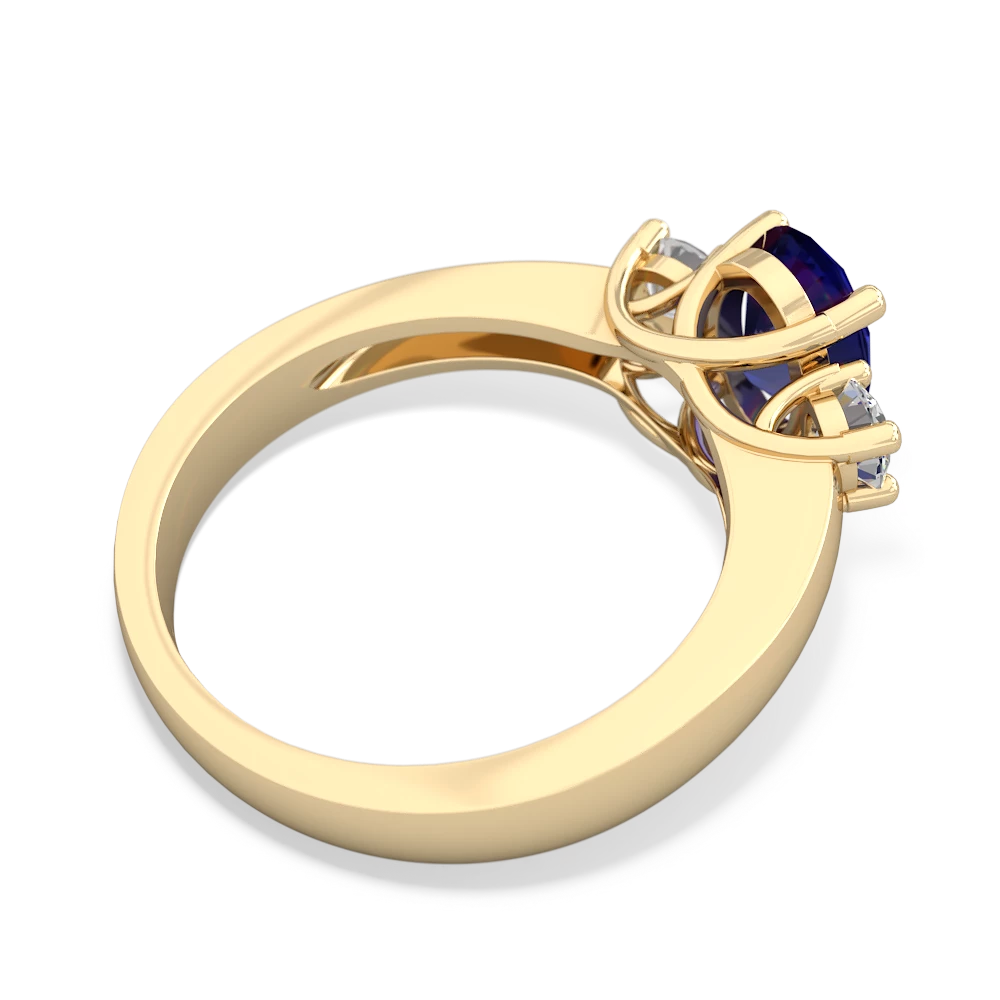 Lab Sapphire Diamond Three Stone Oval Trellis 14K Yellow Gold ring R4024