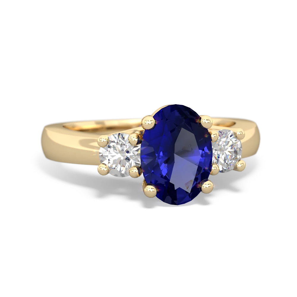 Lab Sapphire Diamond Three Stone Oval Trellis 14K Yellow Gold ring R4024