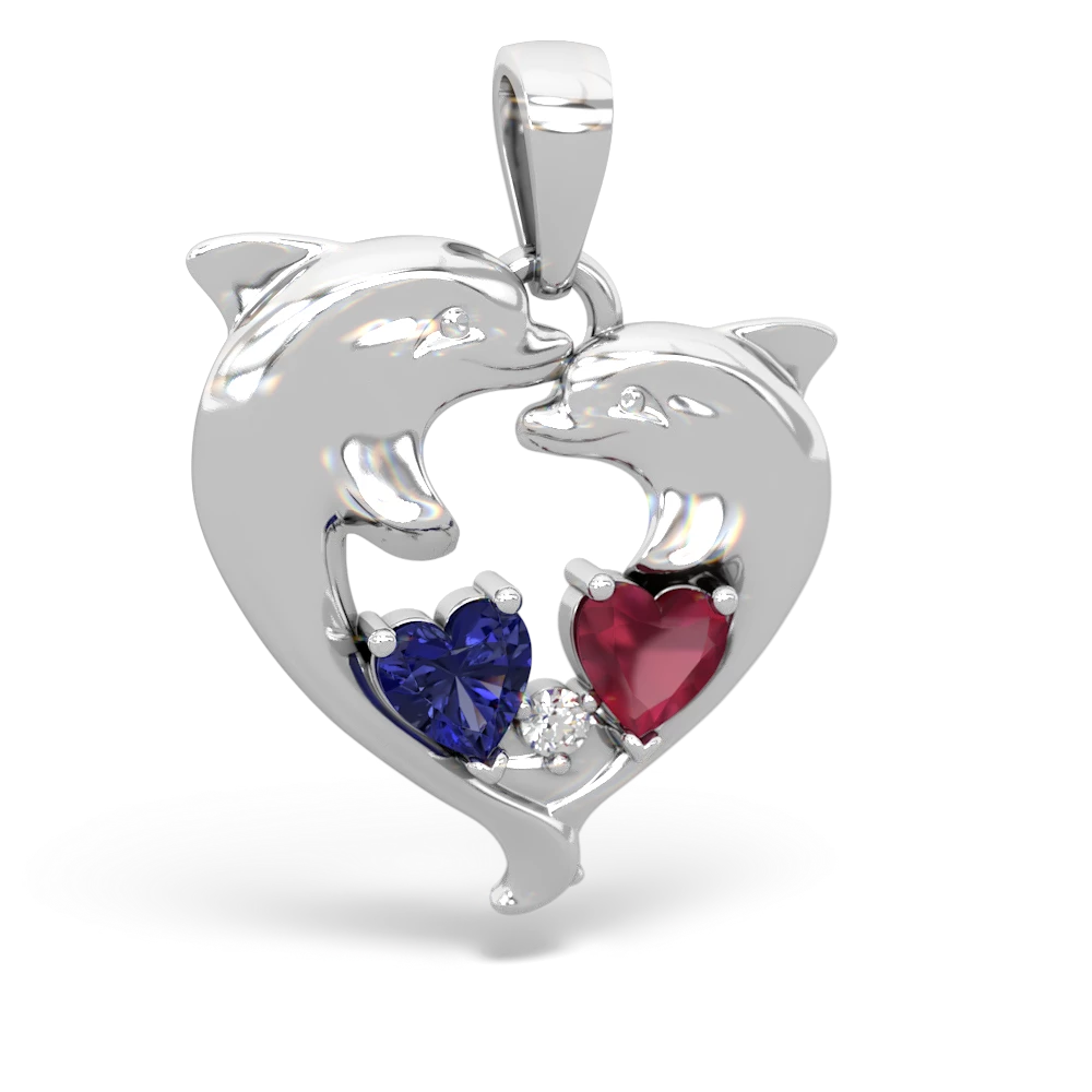 Lab Sapphire Dolphin Heart 14K White Gold pendant P5820