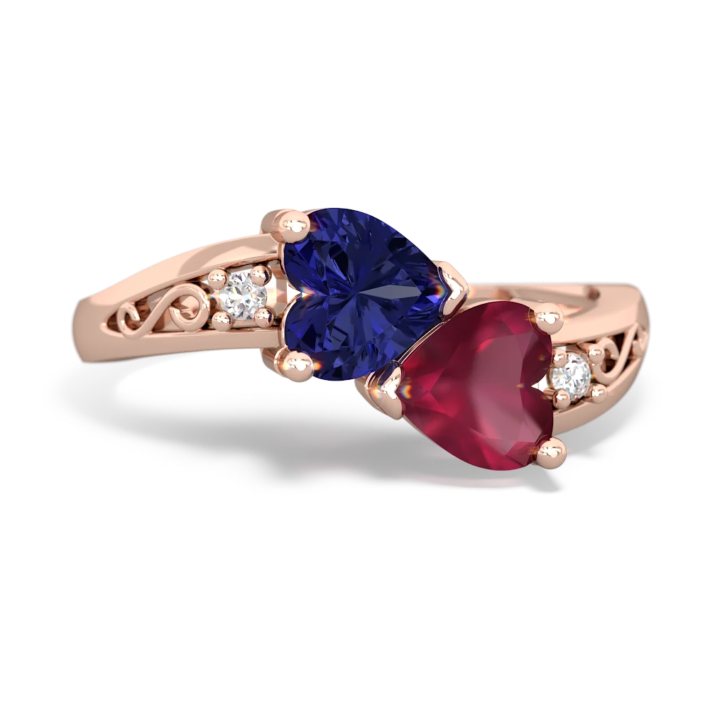 Lab Sapphire Snuggling Hearts 14K Rose Gold ring R2178