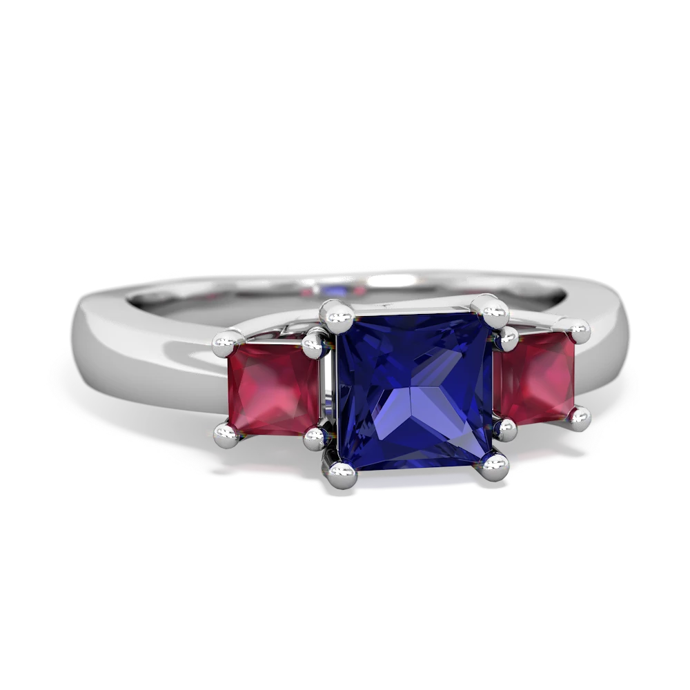 Lab Sapphire Three Stone Trellis 14K White Gold ring R4015