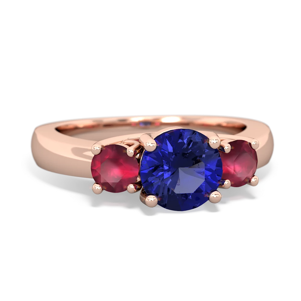 Lab Sapphire Three Stone Round Trellis 14K Rose Gold ring R4018