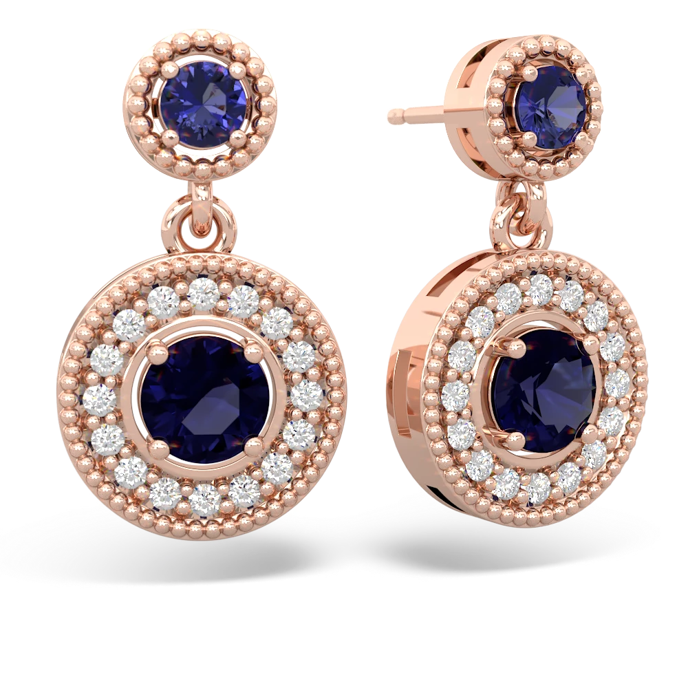 Lab Sapphire Halo Dangle 14K Rose Gold earrings E5319