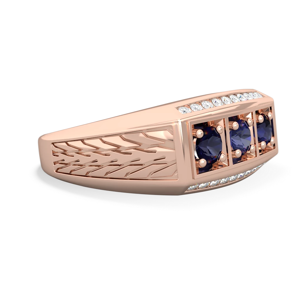 Lab Sapphire Three Stone Tire Tread Men's 14K Rose Gold ring R0520