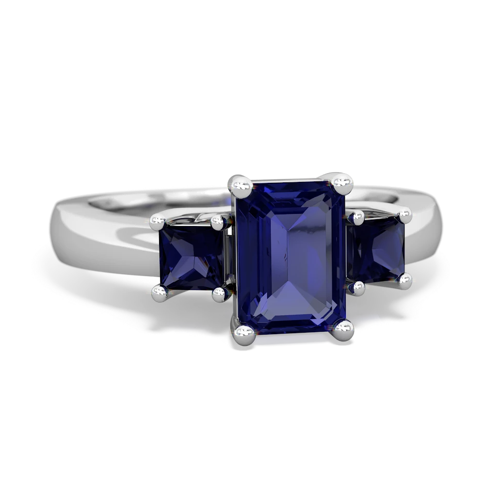 Lab Sapphire Three Stone Emerald-Cut Trellis 14K White Gold ring R4021