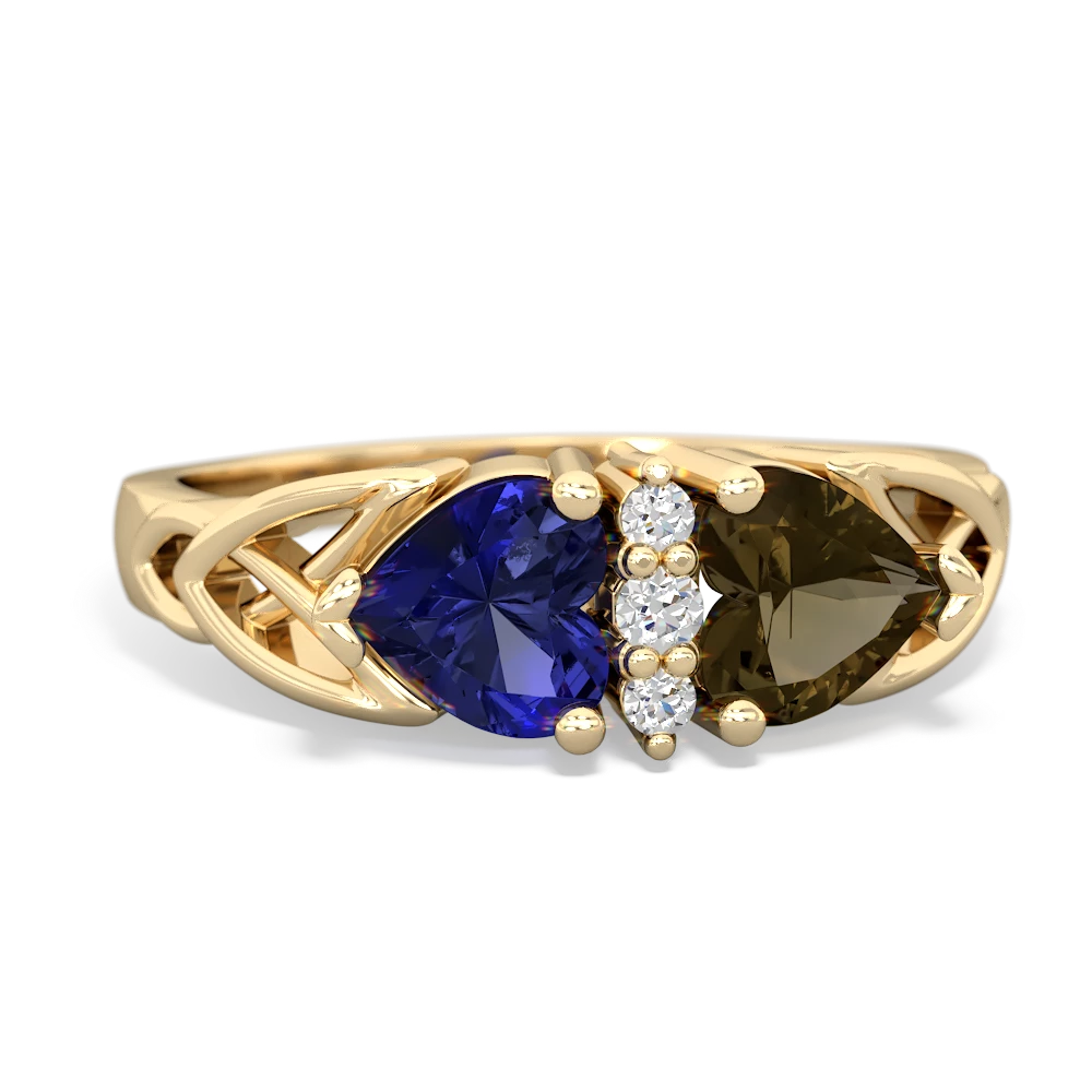 Lab Sapphire Celtic Knot Double Heart 14K Yellow Gold ring R5040