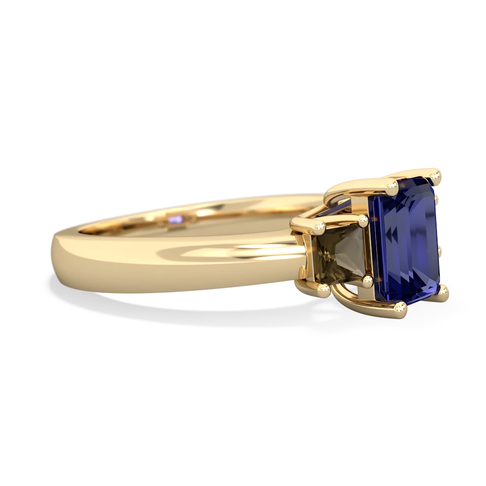 Lab Sapphire Three Stone Emerald-Cut Trellis 14K Yellow Gold ring R4021