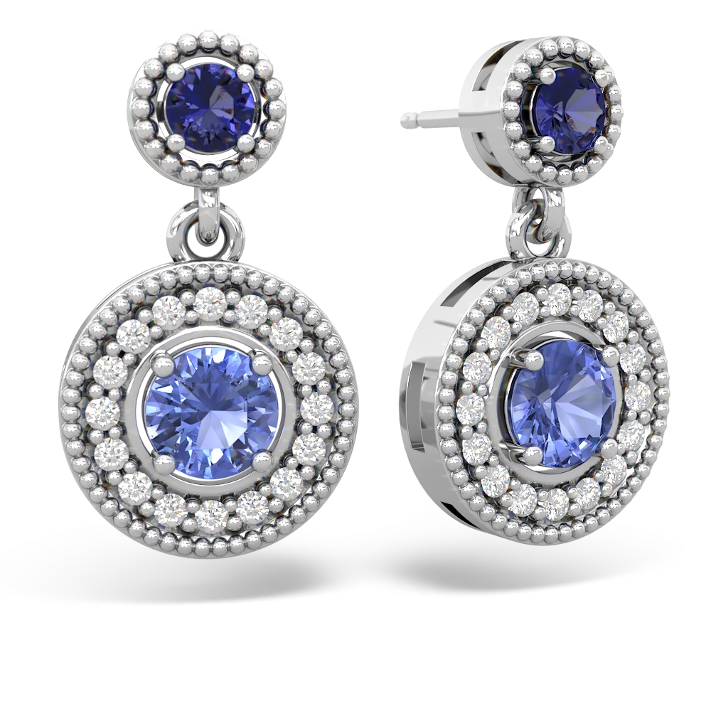 Lab Sapphire Halo Dangle 14K White Gold earrings E5319