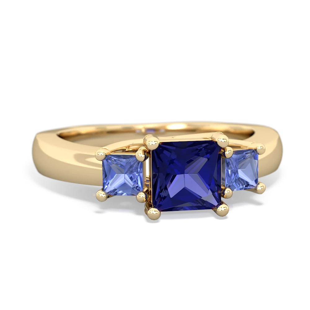 Lab Sapphire Three Stone Trellis 14K Yellow Gold ring R4015