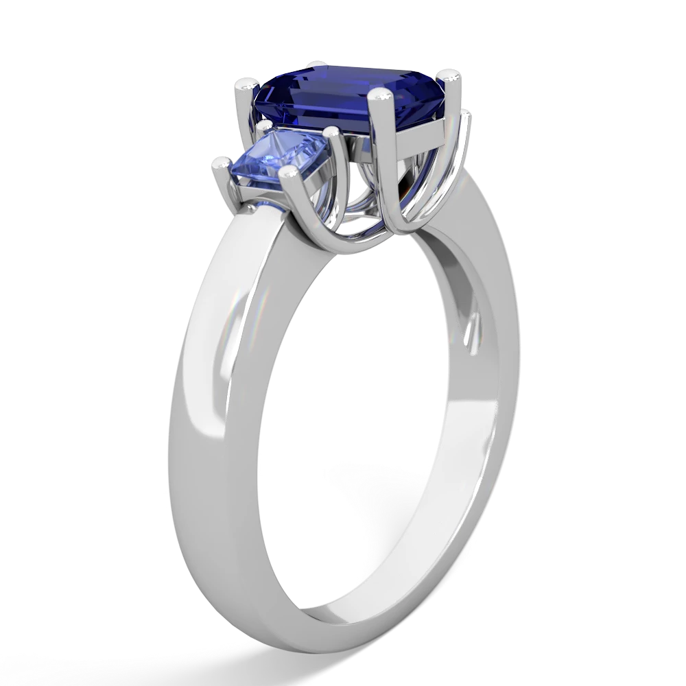 Lab Sapphire Three Stone Emerald-Cut Trellis 14K White Gold ring R4021