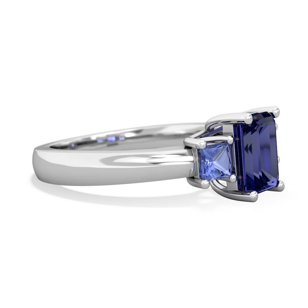 Lab Sapphire Three Stone Emerald-Cut Trellis 14K White Gold ring R4021