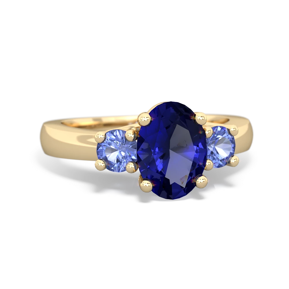 Lab Sapphire Three Stone Oval Trellis 14K Yellow Gold ring R4024