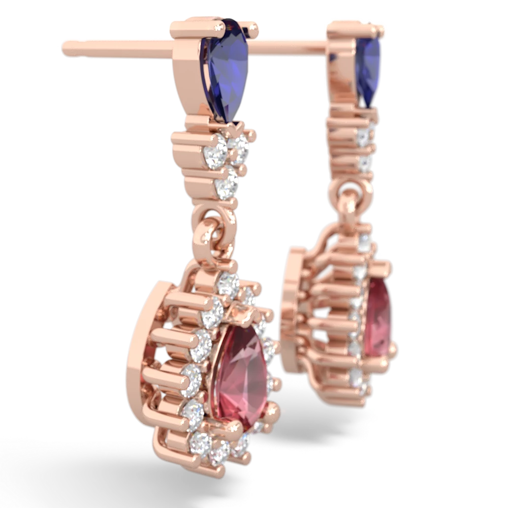 Lab Sapphire Halo Pear Dangle 14K Rose Gold earrings E1882