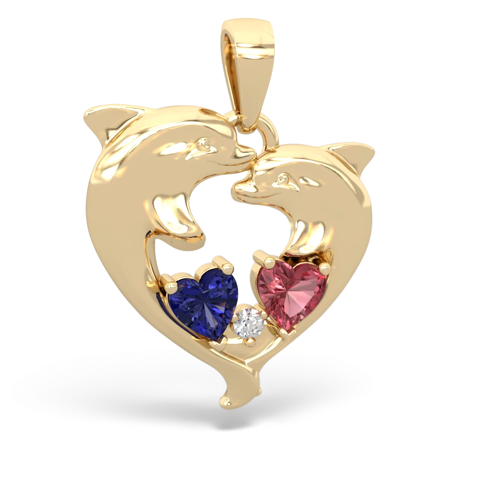 Lab Sapphire Dolphin Heart 14K Yellow Gold pendant P5820