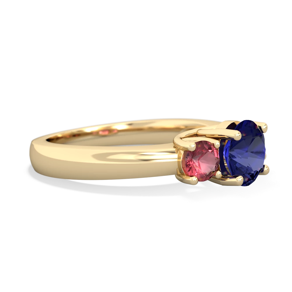 Lab Sapphire Three Stone Round Trellis 14K Yellow Gold ring R4018