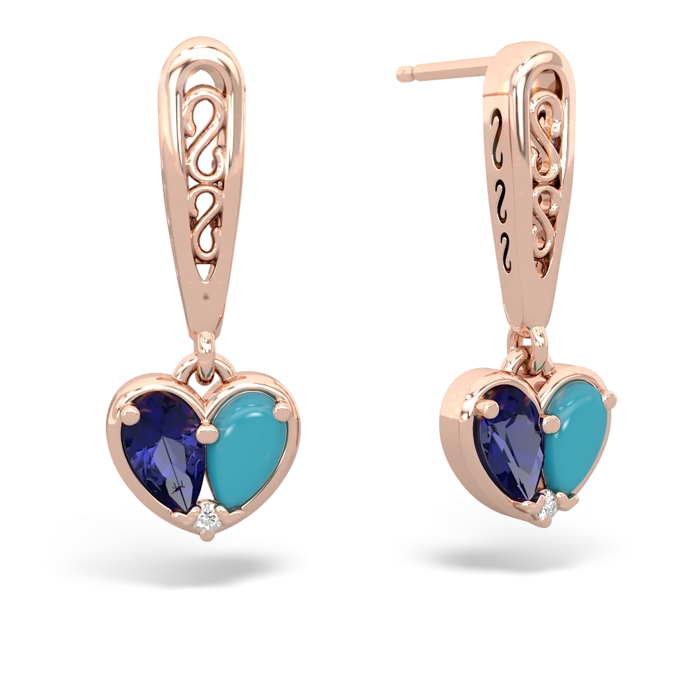 Lab Sapphire Filligree Heart 14K Rose Gold earrings E5070