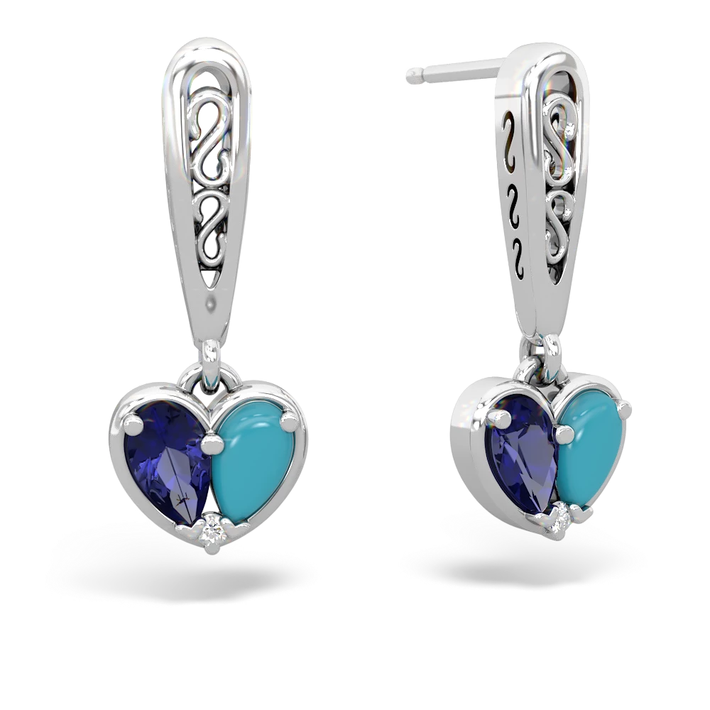 Lab Sapphire Filligree Heart 14K White Gold earrings E5070