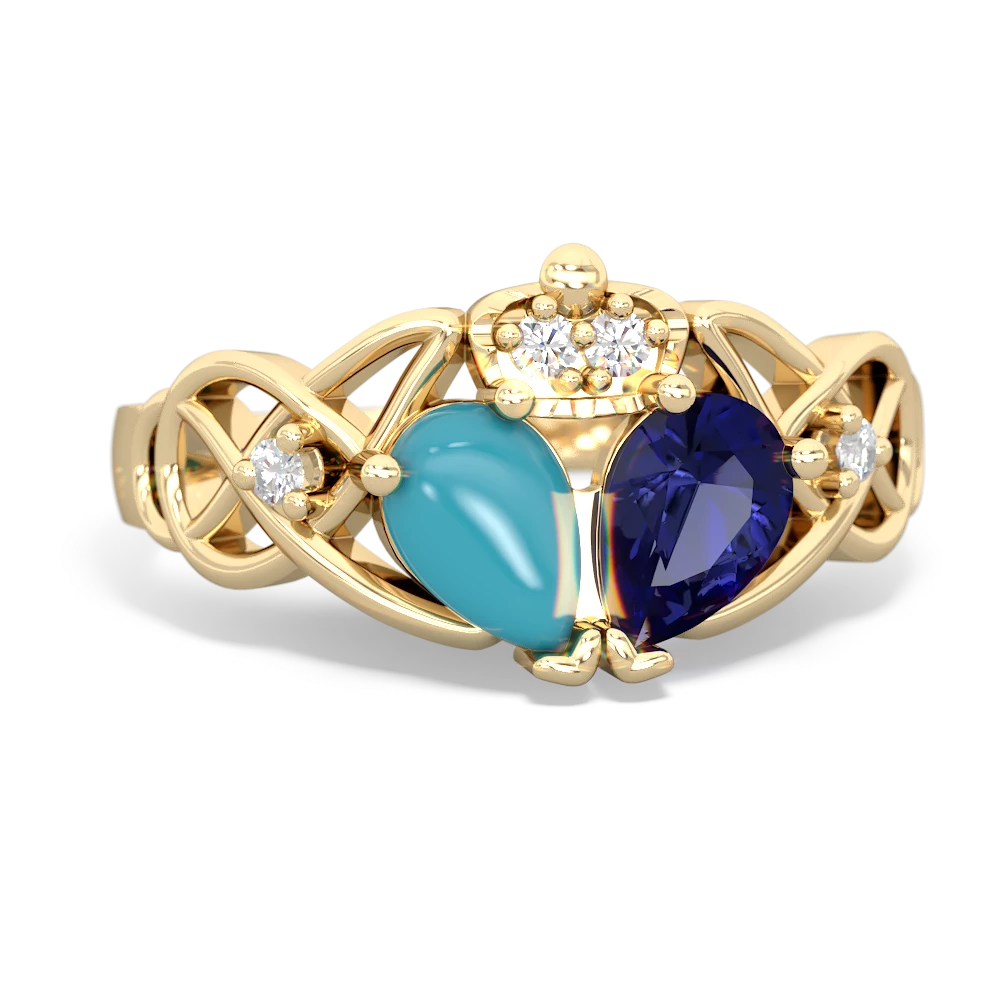 Lab Sapphire 'One Heart' Celtic Knot Claddagh 14K Yellow Gold ring R5322