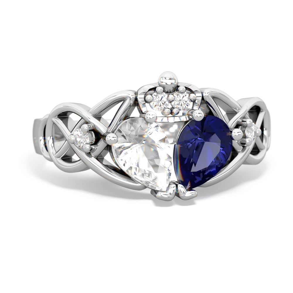 Lab Sapphire 'One Heart' Celtic Knot Claddagh 14K White Gold ring R5322