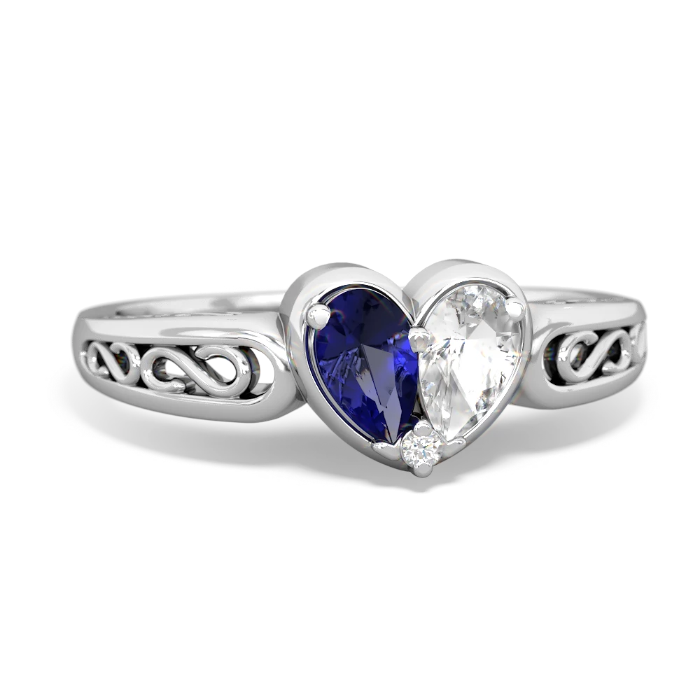 Lab Sapphire Filligree 'One Heart' 14K White Gold ring R5070