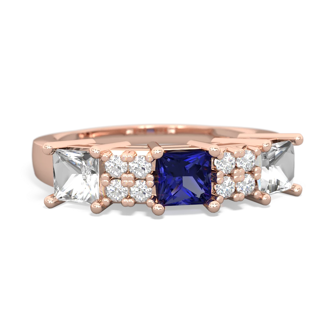 Lab Sapphire Three Stone Diamond Cluster 14K Rose Gold ring R2592